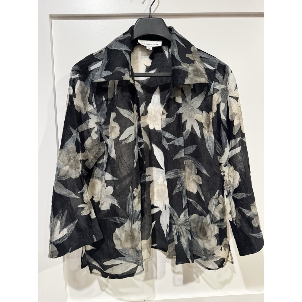 CAROLINE ROSE Blazer Sheer Black Gold Metallic Open Front Tropical Flowers Mesh